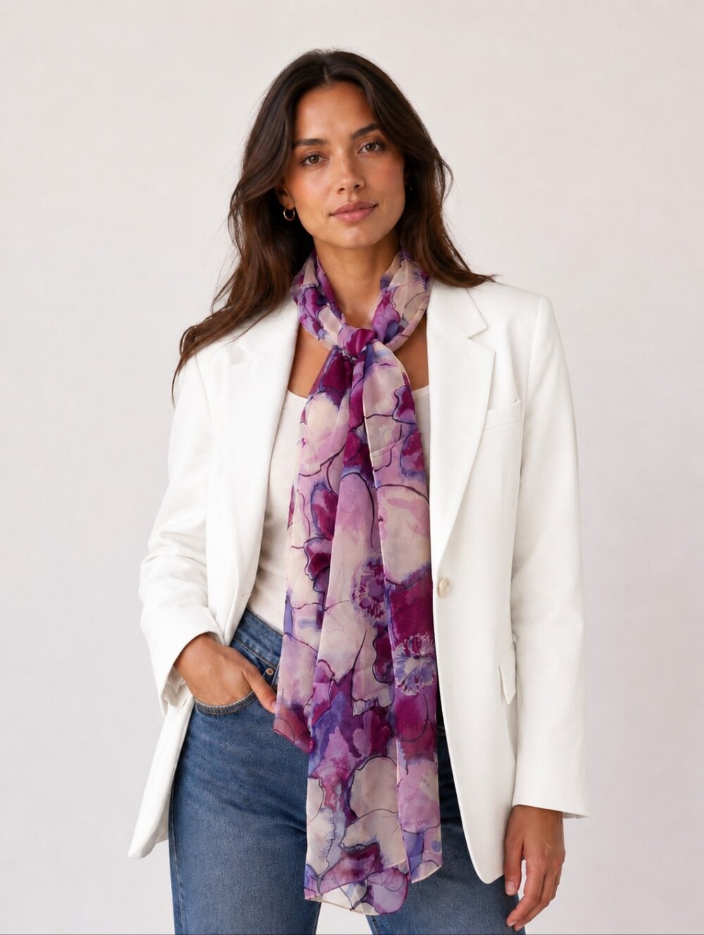 Jones New York Purple Floral 100% Silk Scarf